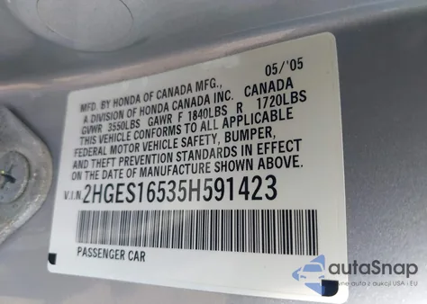 2005 Honda Civic Lx z USA, uszkodzony, nr VIN 2HGES16535H591423